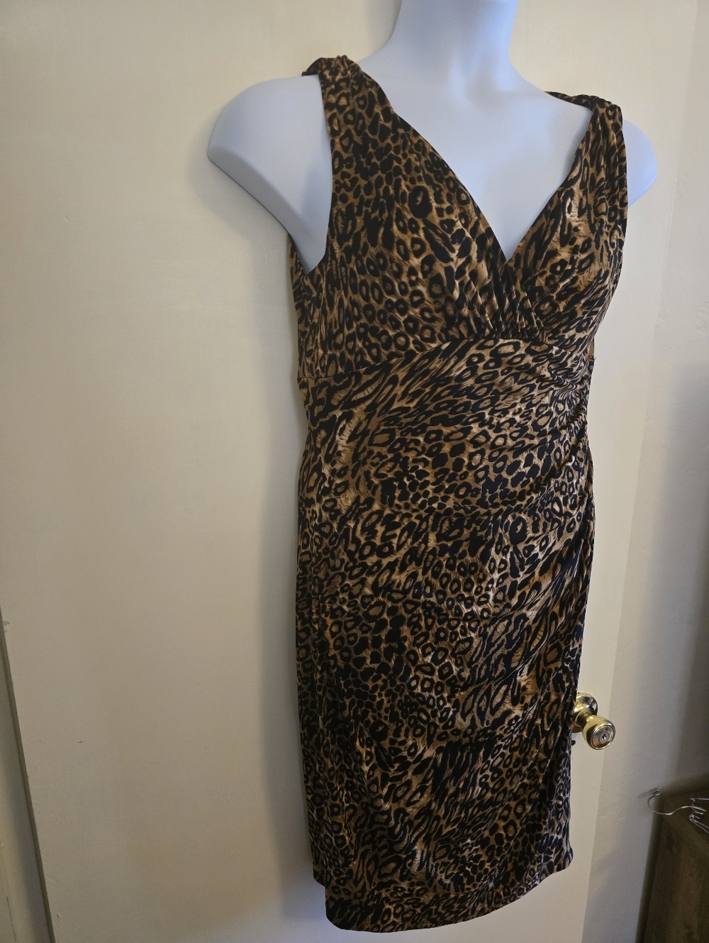Ralph Lauren Leopard Print V-Neck Sleeveless Midi Dress - Brown/Black Sz 12 - Picture 5 of 9